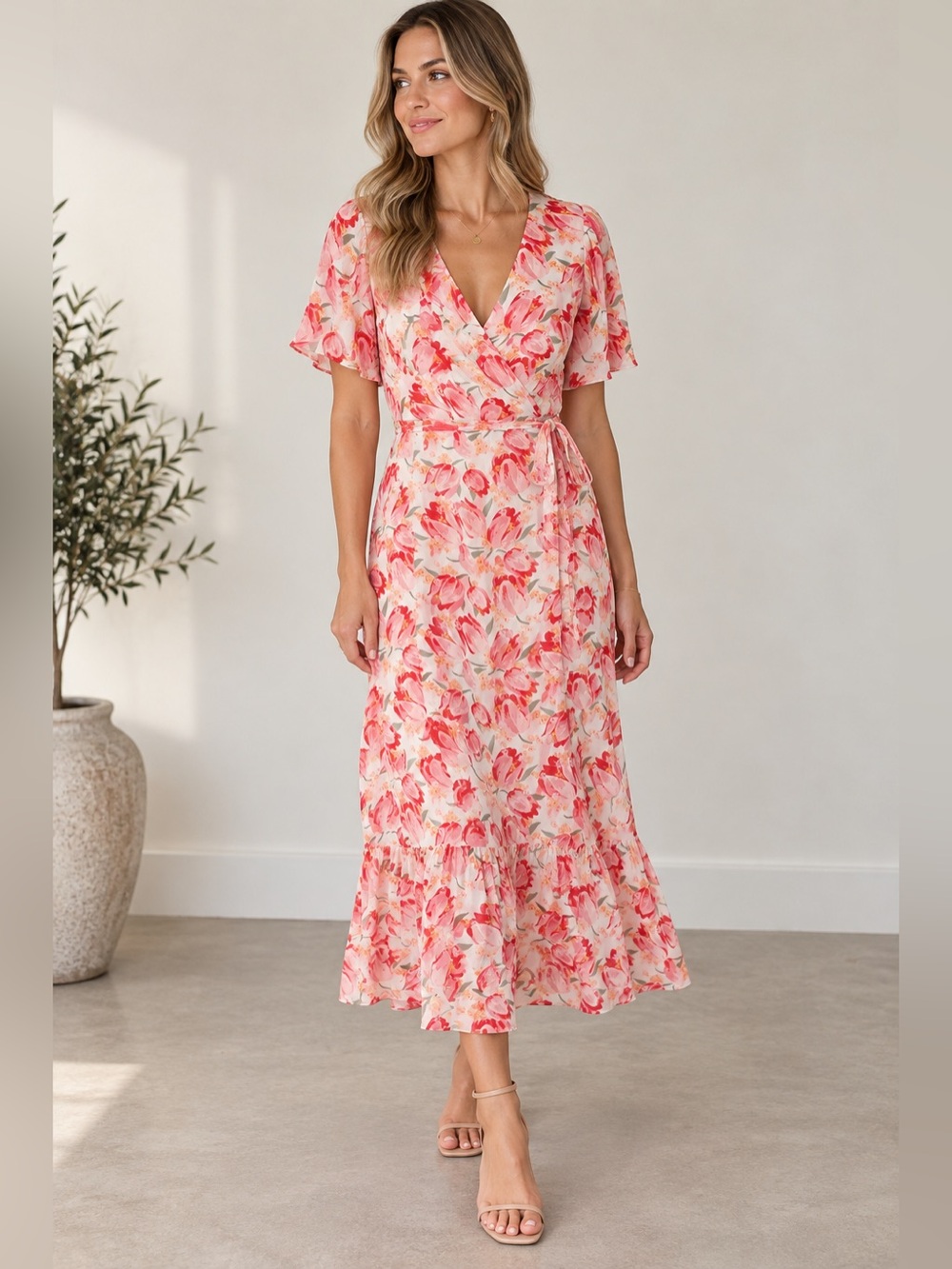 & Other Stories Floral Wrap Midi Dress Flutter Sleeve Size 8